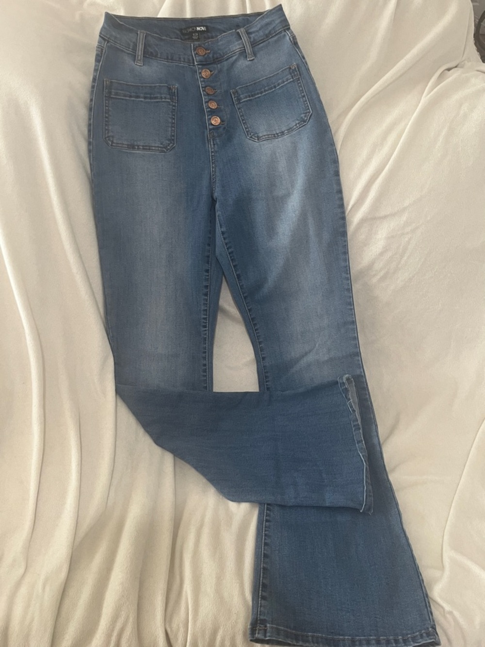 Fashion Nova Women's Mid-Blue High-Rise Button-Fly Flare Jeans